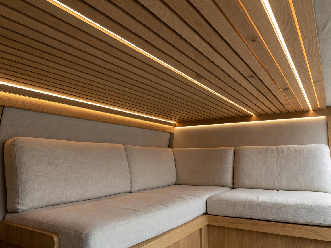 Architectural camper van living space showing natural oak slatted ceiling, recessed LED warmth, and durable linen upholstery