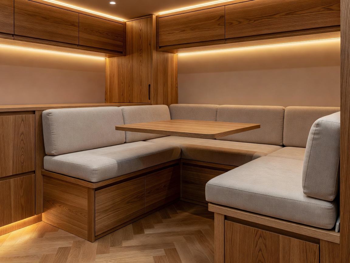 Architectural campervan living area featuring warm oak trim, modular bench seating, and soft interior lighting