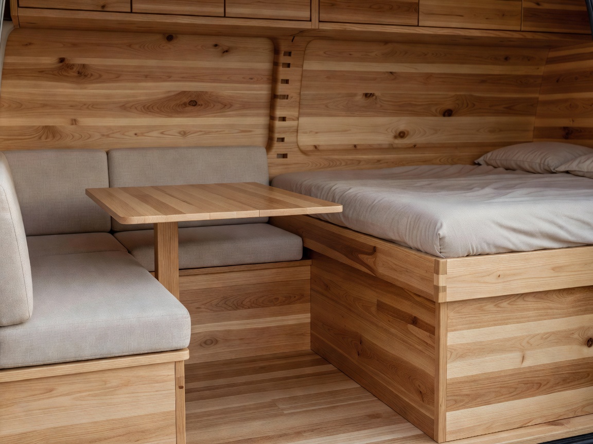 Architectural timber interior layout showing dinette and fixed bed space in a campervan