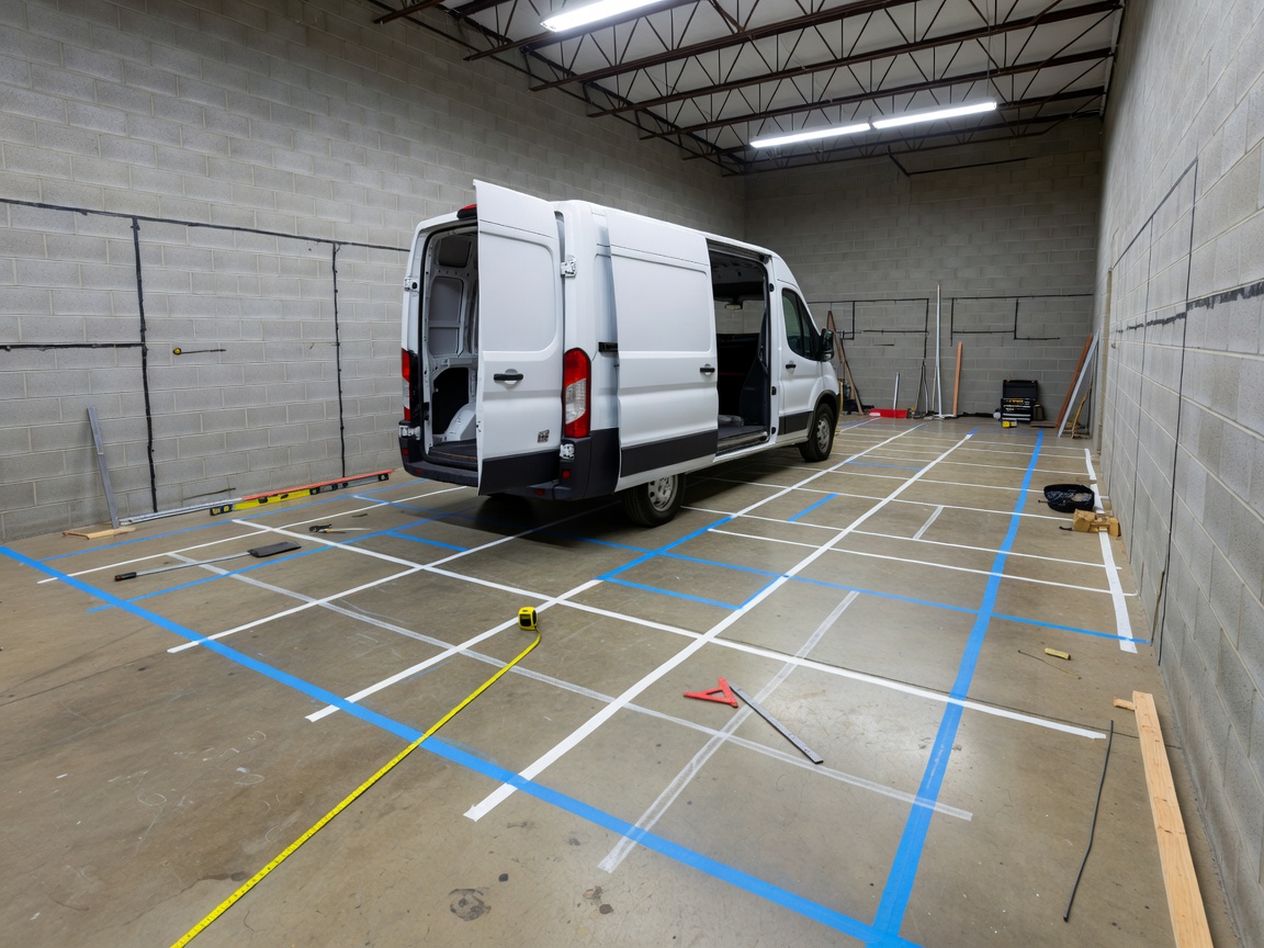 Base panel van parked in a workshop during preliminary floor layout and wall frame marking