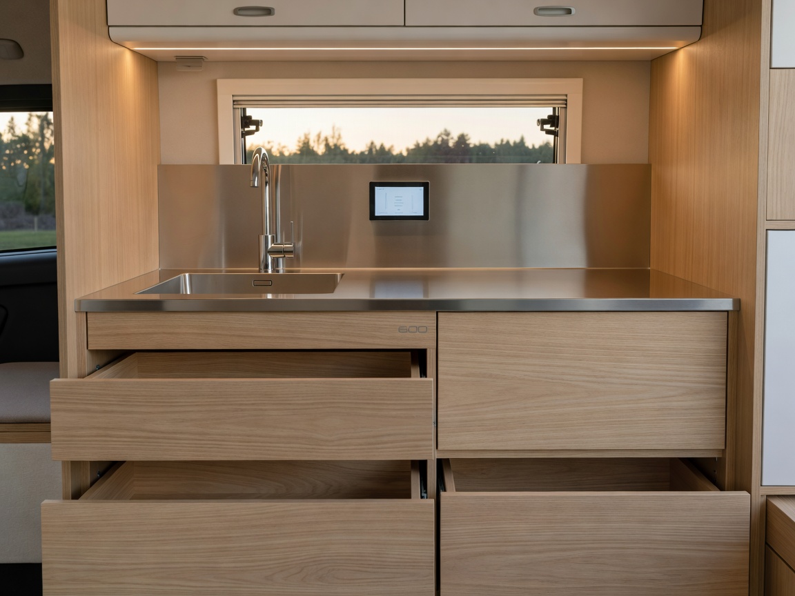 Camper van galley with deep drawers, stainless sink and water monitoring display