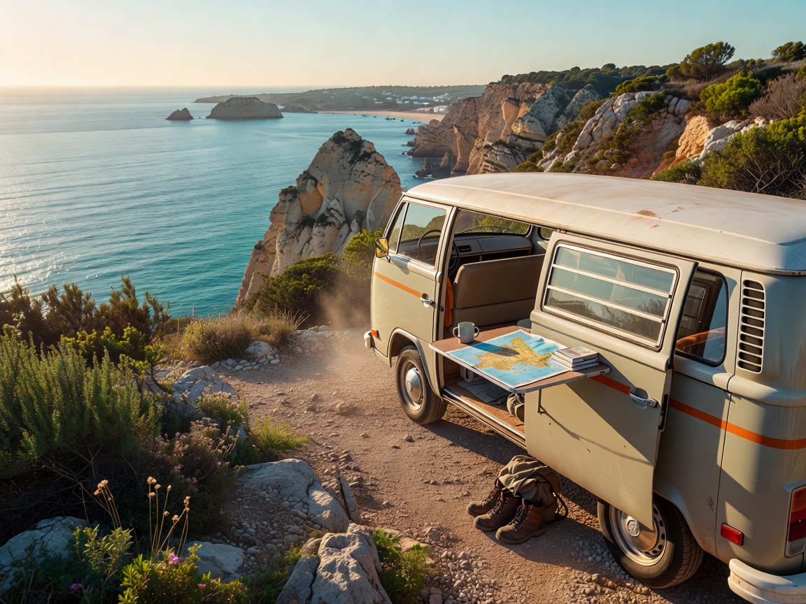 Camper van parked near a coastal viewpoint in southern Europe with open side door