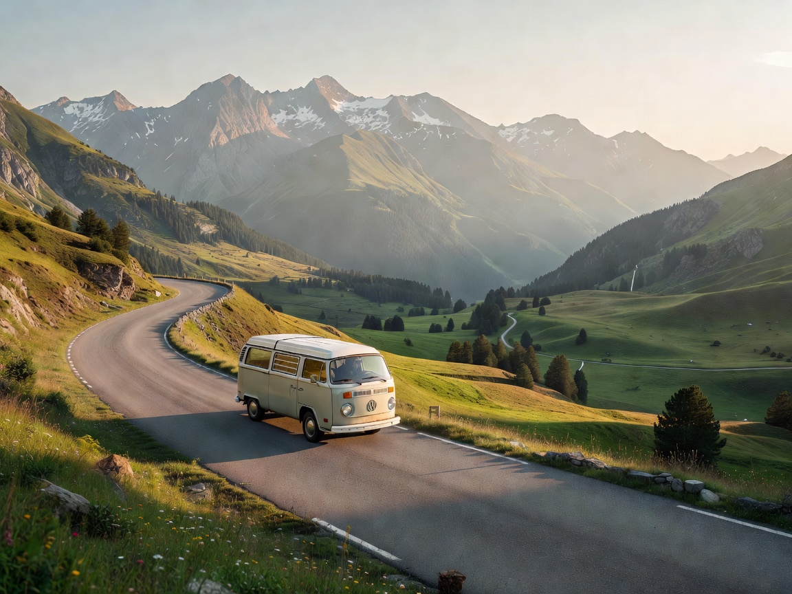 Campervan cruising down an open European mountain pass overlooking green valleys and distant peaks