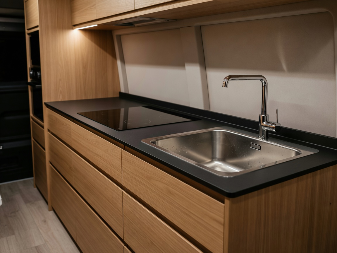 Compact galley kitchen in a converted campervan with induction hob, deep stainless sink, and soft-close timber drawers