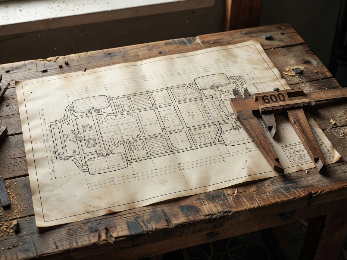 Detailed vehicle floor plan technical schematic drawn on workshop bench next to timber calipers