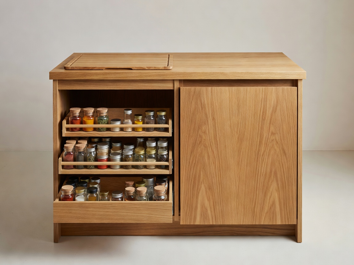 Galley unit with pull-out spice rack, solid timber countertop, sink lid cutting board, and compressor fridge