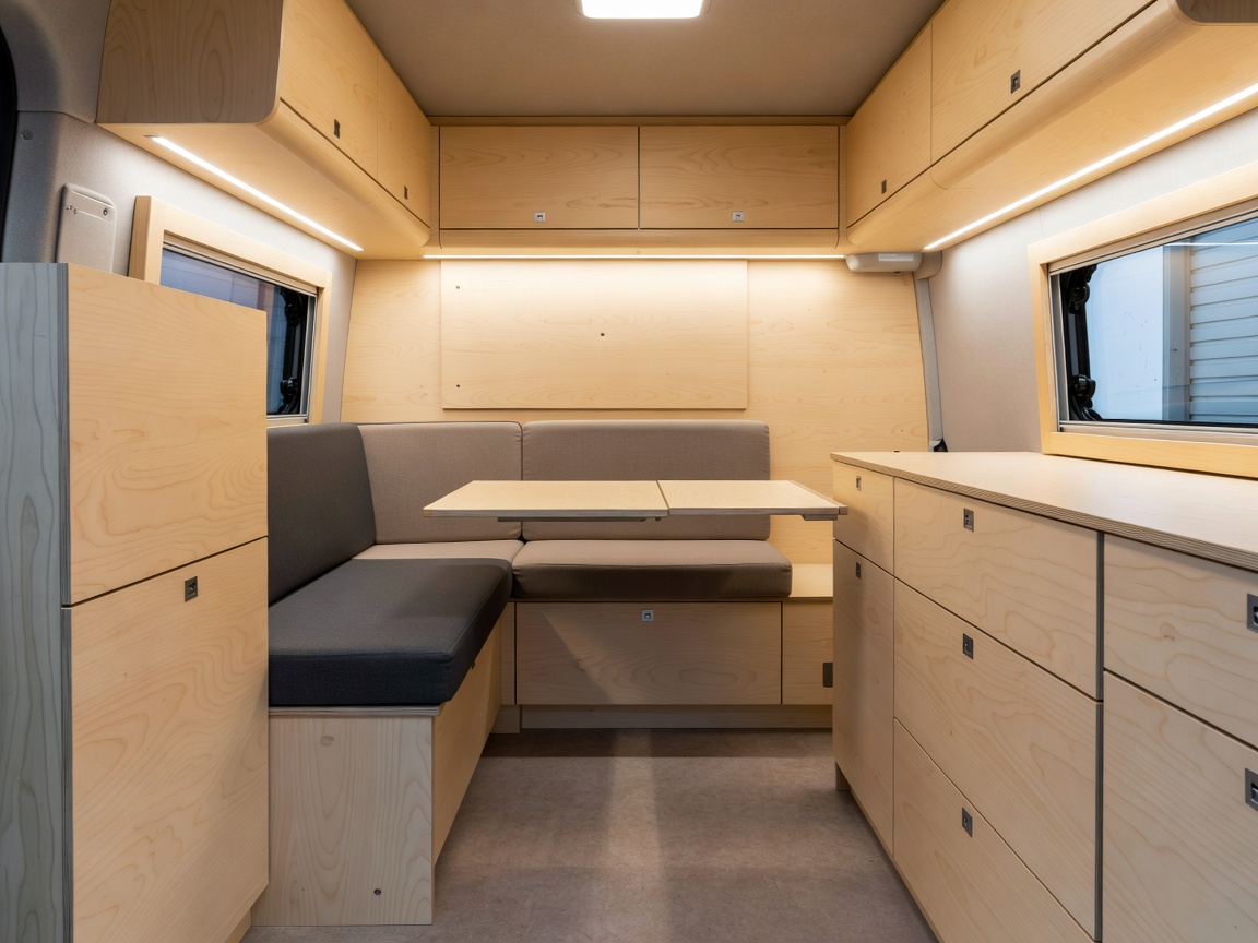 Modern camper interior featuring natural birch plywood cabinetry, recessed lighting, and dinette seating