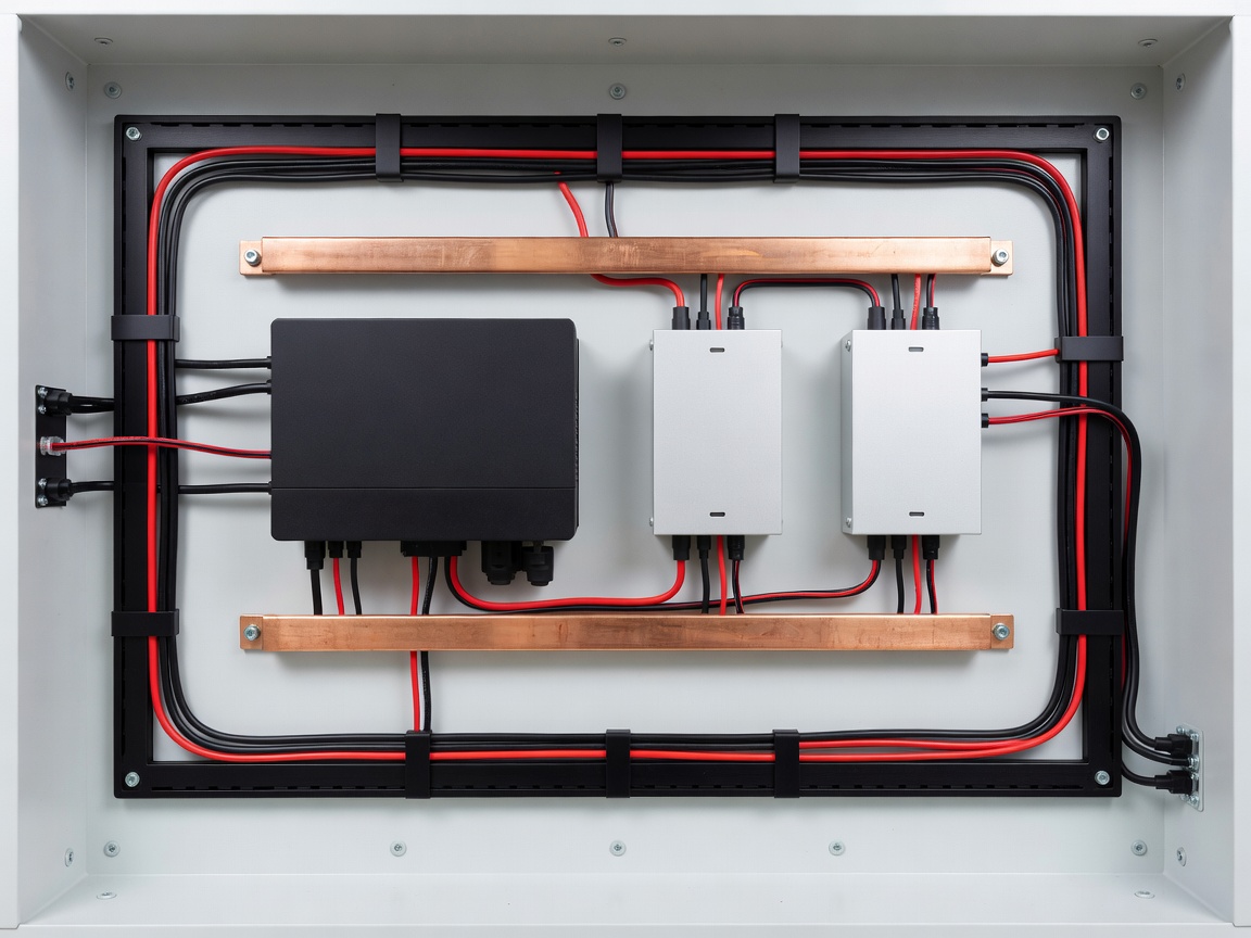 Neatly wired off-grid electrical board with busbars, inverter, DC-DC chargers, and clean cable trunking